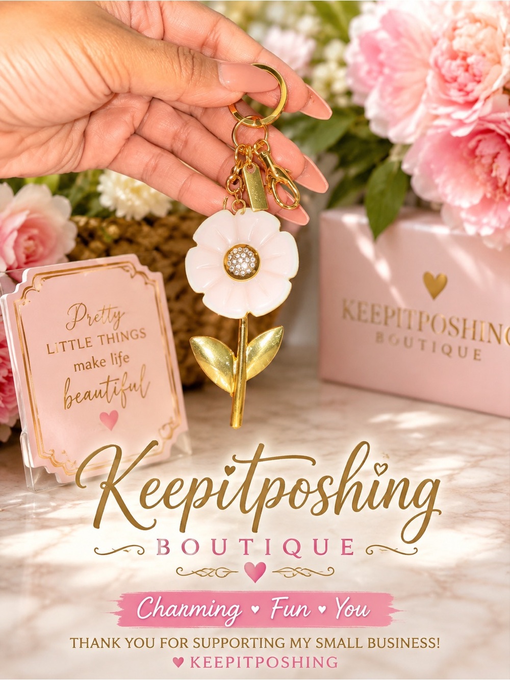 White Flower Keychain with Gold Stem